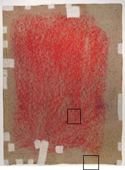 Back of artwork, showing rubbing made in red marks with tape edges