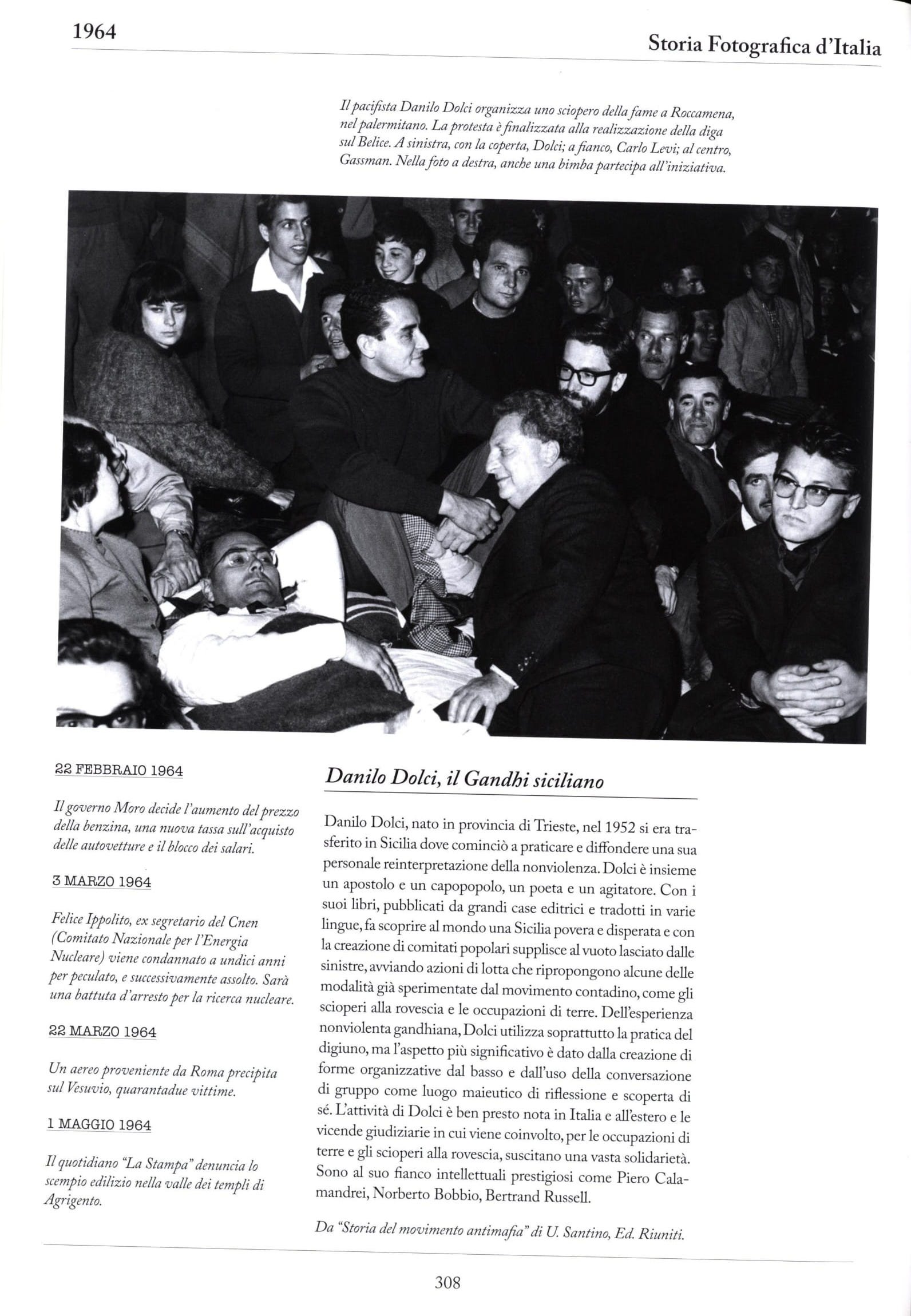 A scan of a magazine article that contains an image of Danilo Dolci.