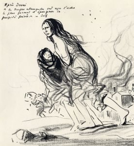 Drawing of woman and child fleeing a fire.