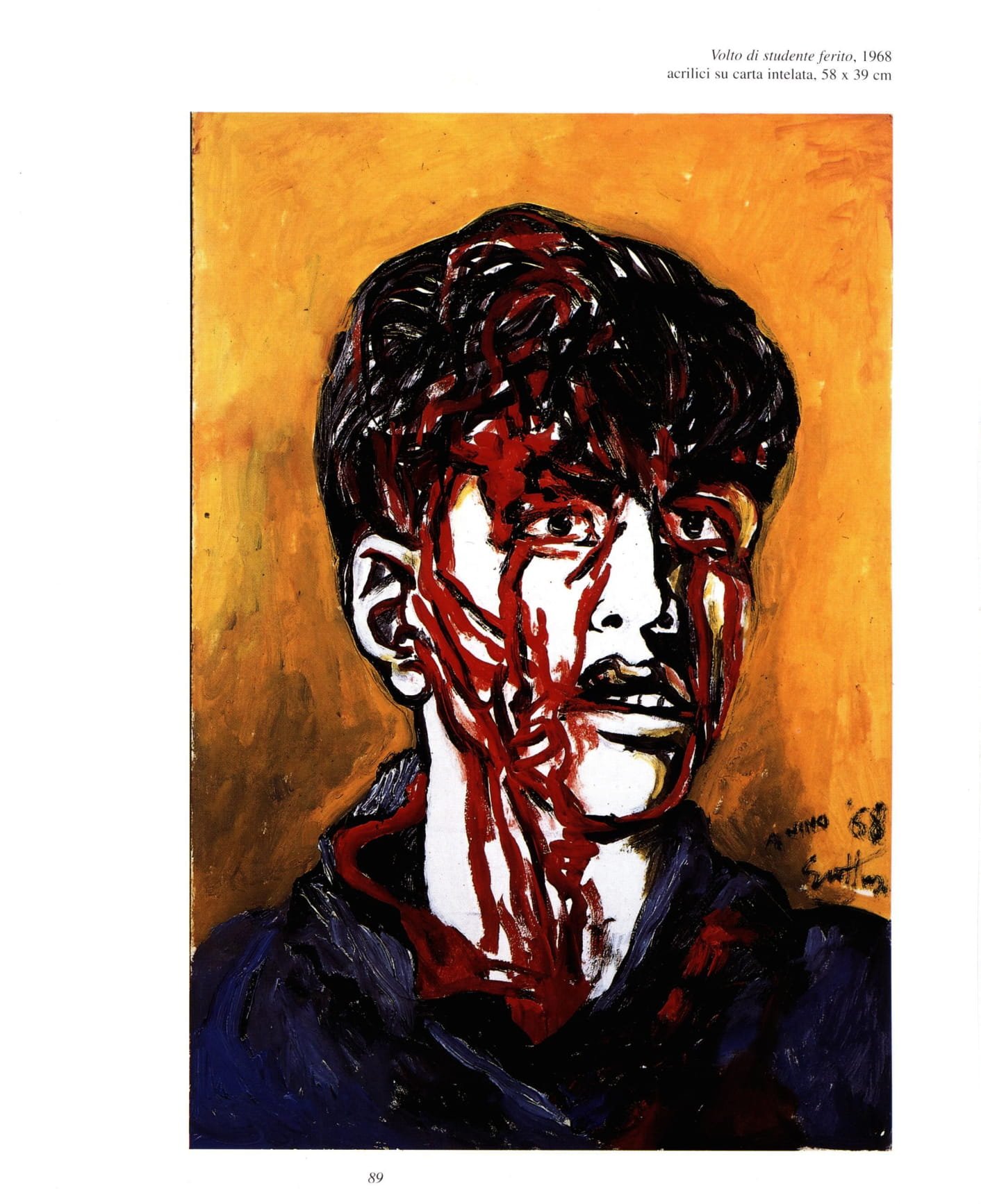 A painting of a man with blood dripping from his head down his face on a yellow-orange background.