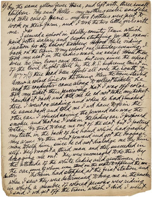 Handwritten page from Wells' autobiography detailing the unfair treatment she received in the train car.