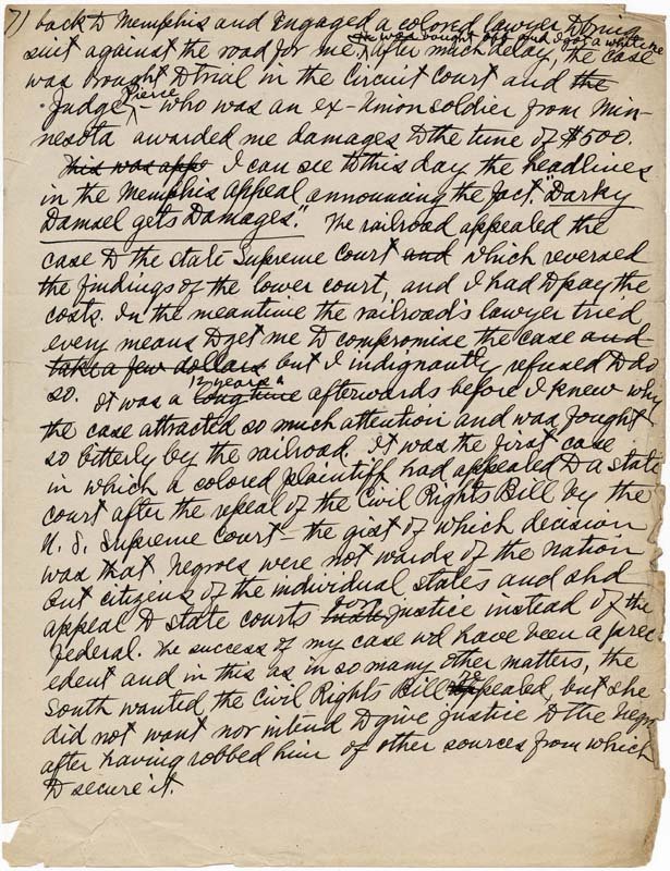 Handwritten page from Wells' autobiography detailing the unfair treatment she received in the train car.
