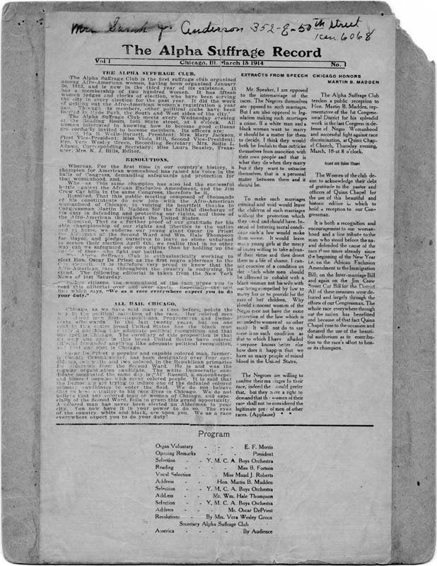 "The Alpha Suffrage Club," The Alpha Suffrage Record, vol. 1, no. 1 (March 18, 1914)