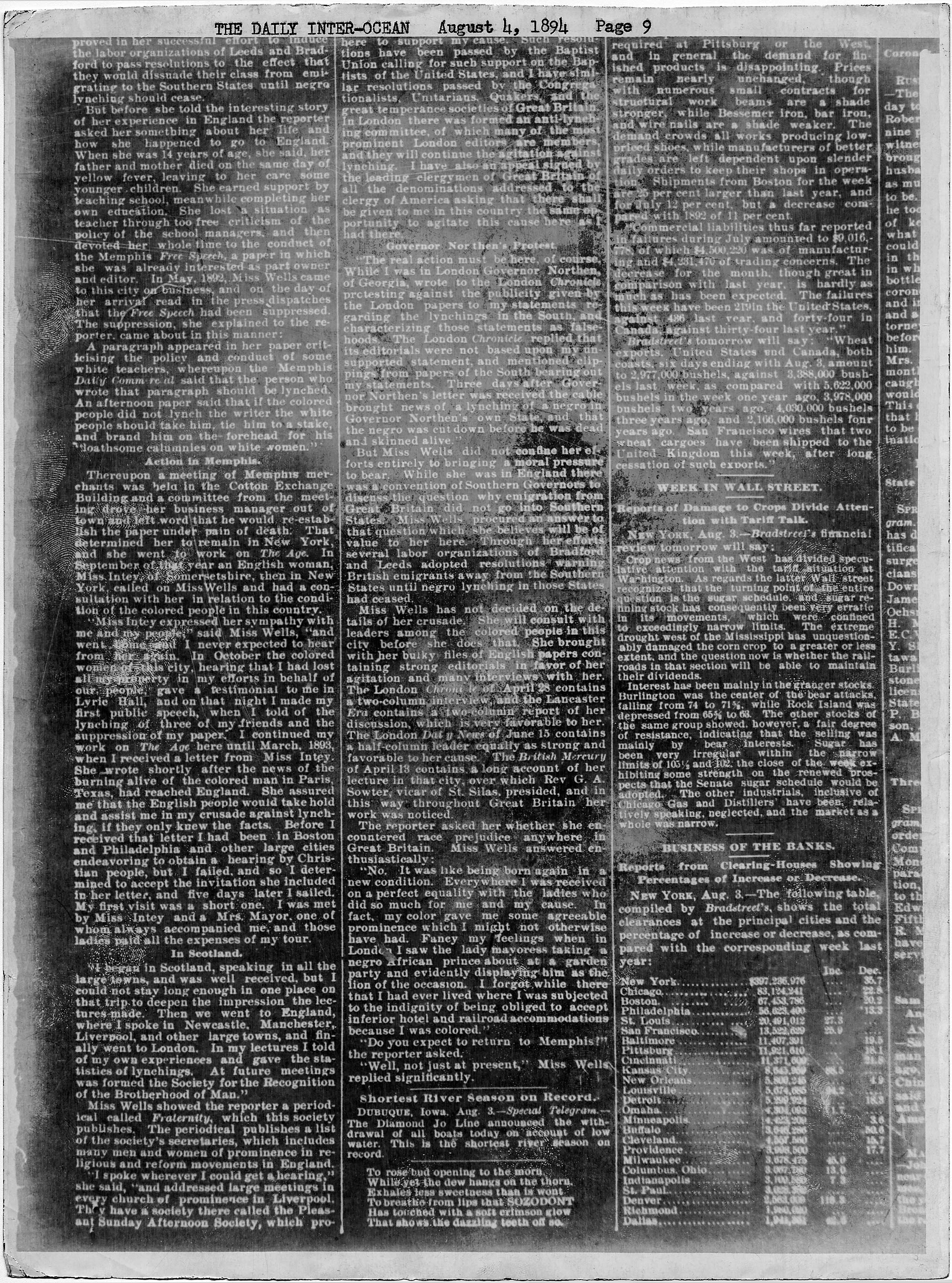 "Against Lynching: Ida B. Wells and her Recent Mission in England." The Daily Inter-Ocean, August 4, 1894, photocopy, page 1