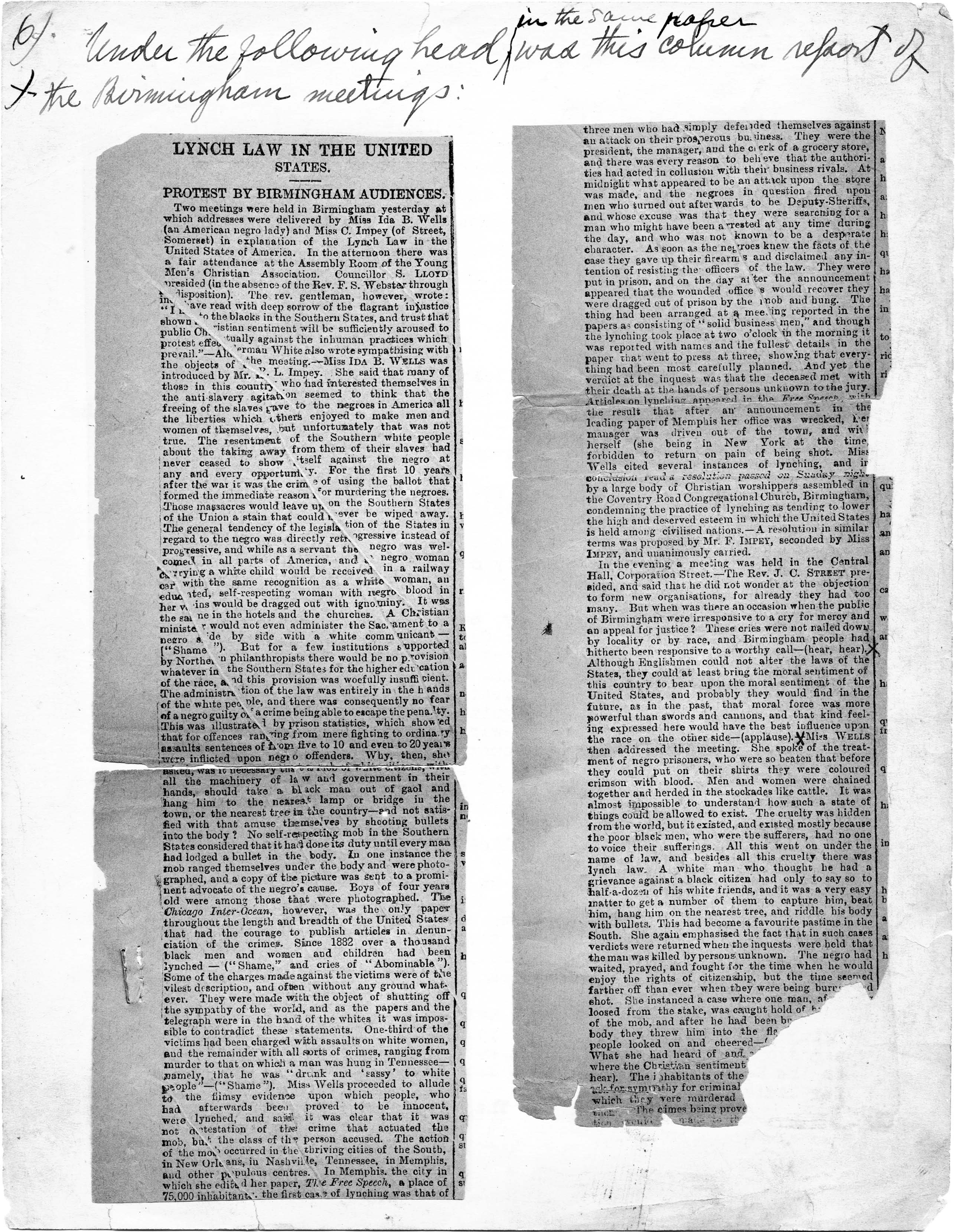 "Lynch Law in the United States," Birmingham Daily Post, [May 17, 1894], [annotated by Ida B. Wells], photocopy of newsclipping pasted to a sheet of paper.
