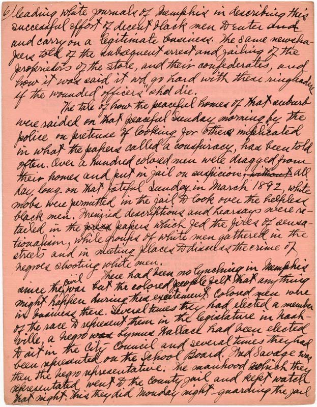 Handwritten pages from Ida B. Well’s autobiography describing the lynching of her friend.