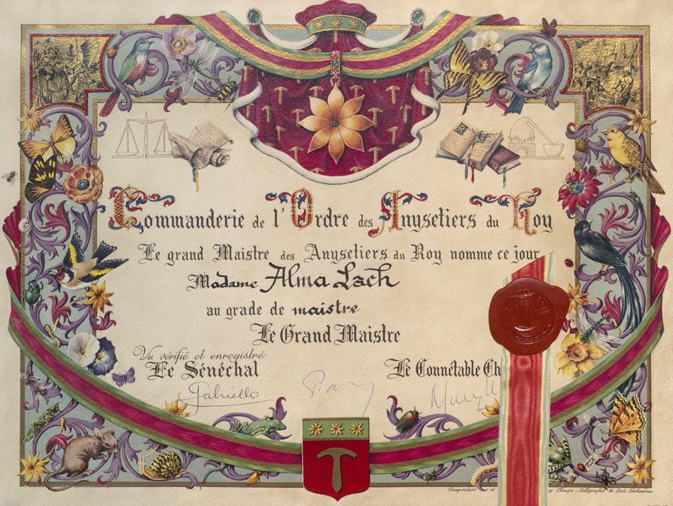 Certiificate:  Commanderie de l’ordre des Anysetiers du Roy, 1963