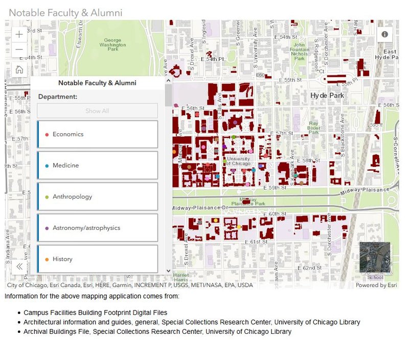 Image of an interactive map of Notable Faculty & Alumni with clickable options for different departments