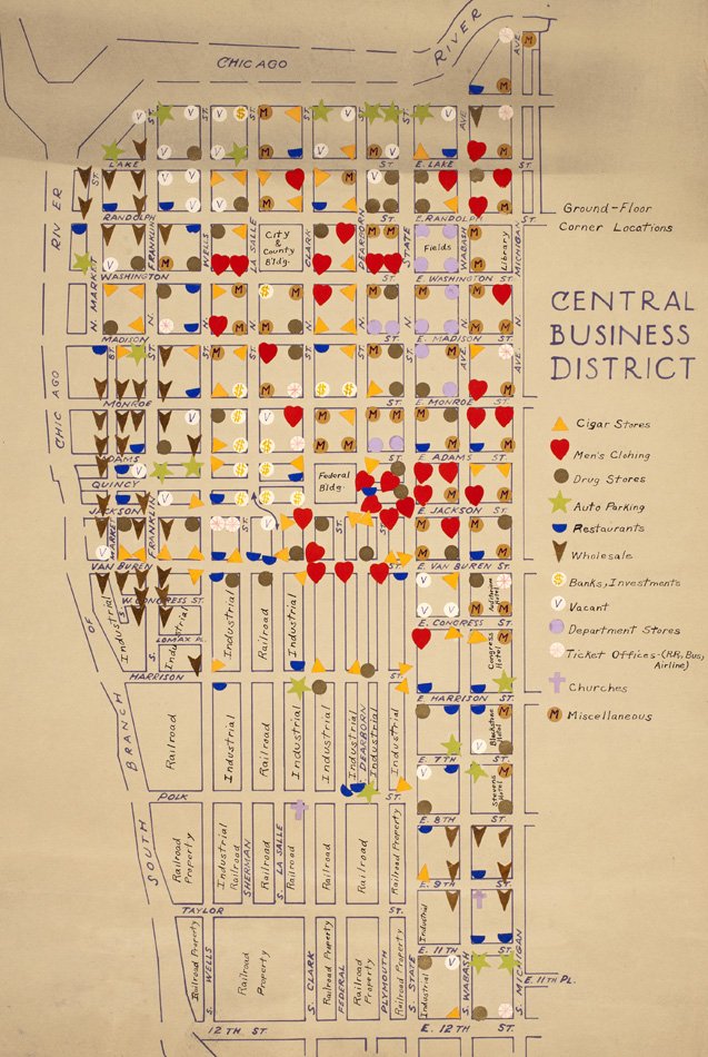 Map of Chicago businesses color coded by type, such as "cigar store" or "men's clothing"