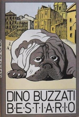 A book cover of "Bestiario," an illustration of a bulldog lying down in front of a yellow building.