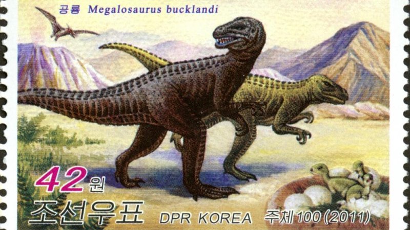A 2011 North Korean stamp depicts Megalosaurus bucklandi, a carnivorous Jurassic dinosaur.
