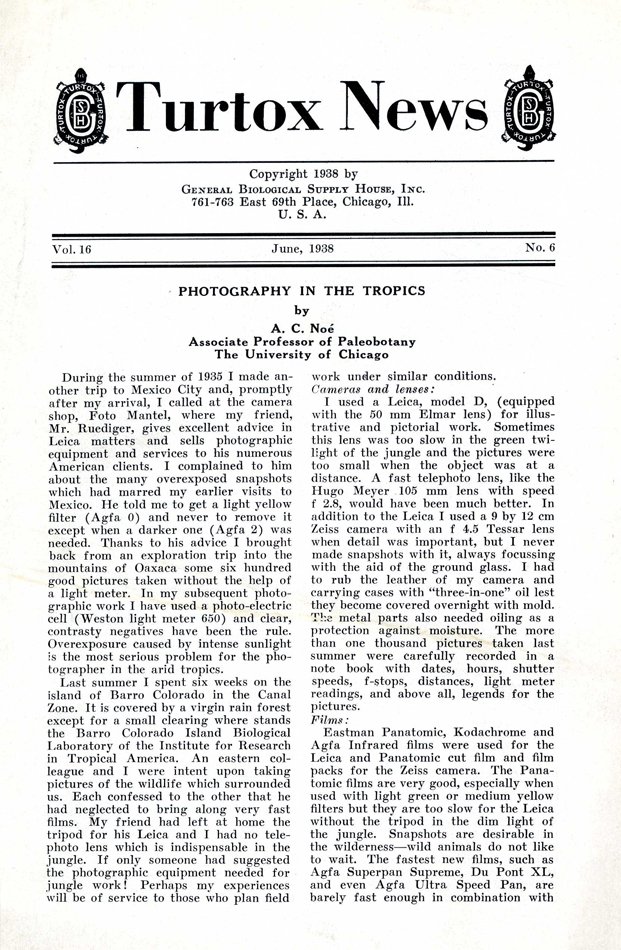 Scan of article on front page of Turtox News, showing Noe's credit as "Associate Professor of Paleobotany, The University of Chicago."