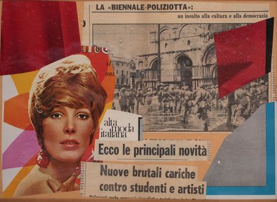 An art collage of a woman's face, a black and white photograph of a building, and pasted text.
