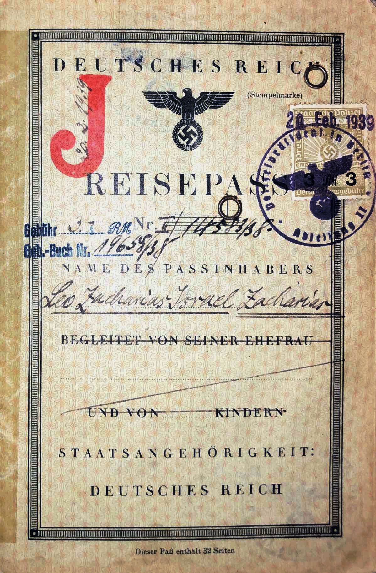 A German passport with a large red "J" and Nazi stamps.