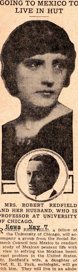 Newsclipping with large image of Mrs. Redfield and smaller photo of her husband. Subtitle: "Mrs. Robert Refield and her husband, who is a professor at the University of Chicago."