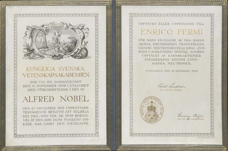 Enrico Fermi's Nobel Prize with his name and Alfred Nobel's name in gold