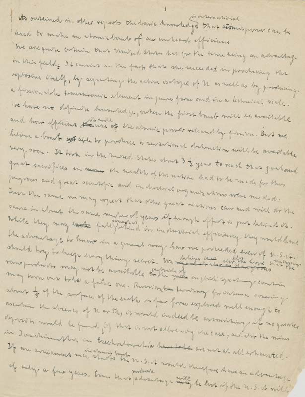 A handwritten page of the "Franck Report," written in very small and simple cursive and including words crossed out and rewritten