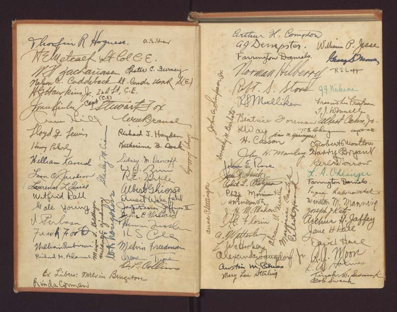 The inside front cover of a book covered in signatures