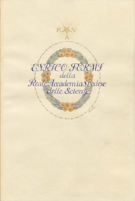 The title page of the Nobel Prize award ceremony program. A pale green wreath with orange flowers surrounds Enrico Fermi's name, topped by a starburst.