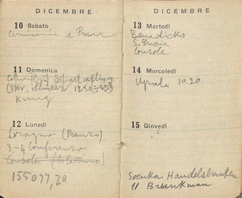 The pages of Enrico Fermi's personal diary, showing entries For December 10 to December 15, 1938