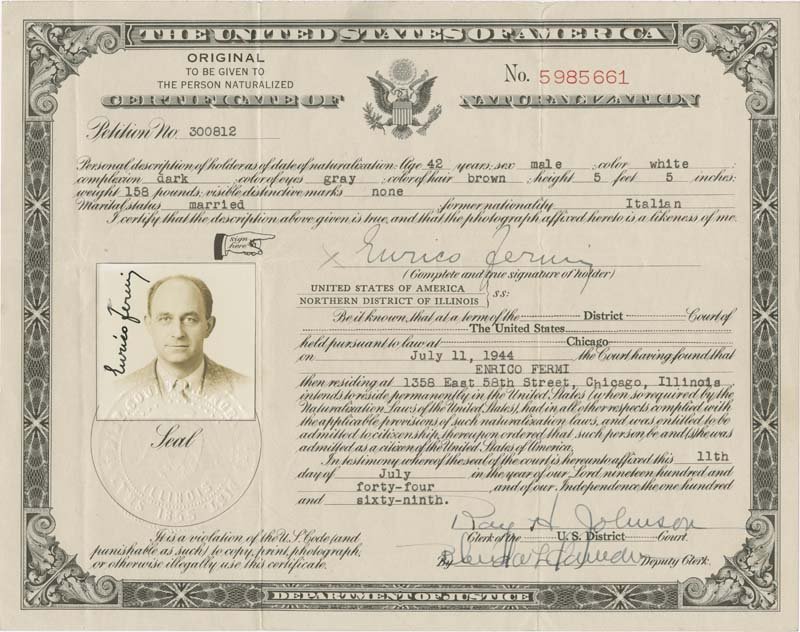 Enrico Fermi's naturalization certificate, including details about his signature and a sepia portrait