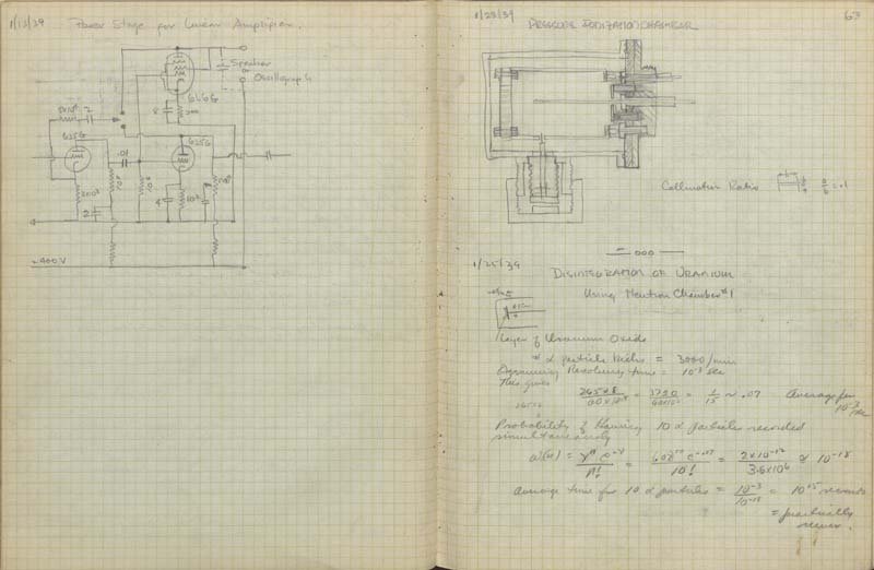 Diagram titled Power Stage for Linear Amplifier on the left and Pressure Ionization Chamber on the right, drawn by Anderson in pencil on graph paper.
