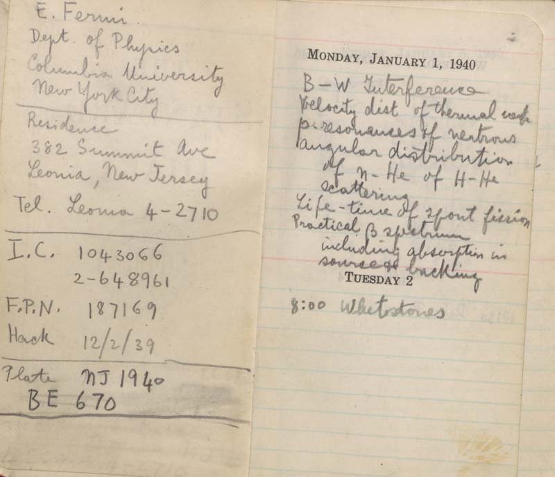 The first page of Fermi's diary, with his personal information on a blank page on the left and entires for January 1st and 2nd, 1940 on the right