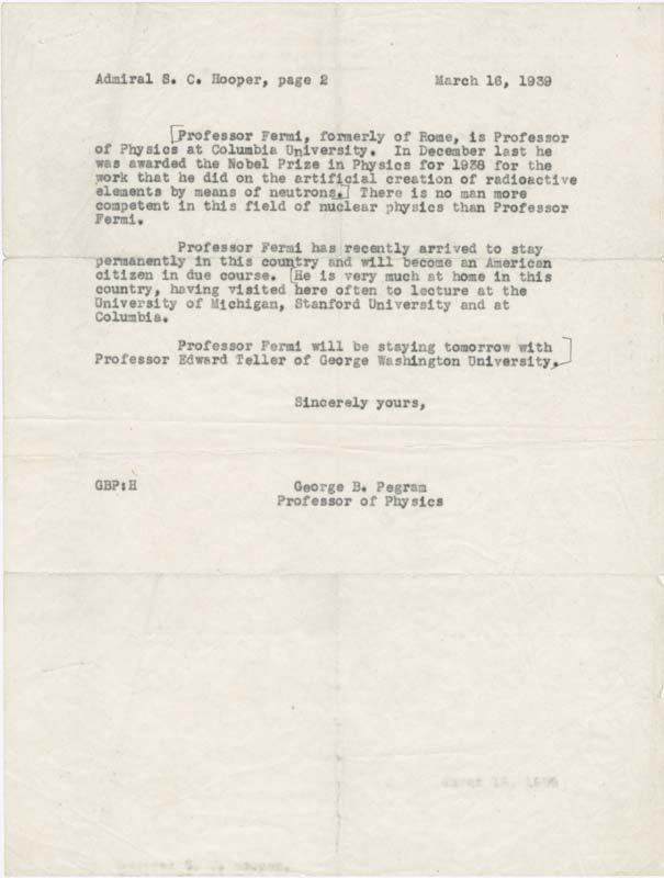 George B. Pegram to Admiral S. C. Hooper, letter, March 16, 1939