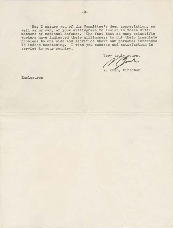 The second page of the typed letter with Vannevar Bush's signature