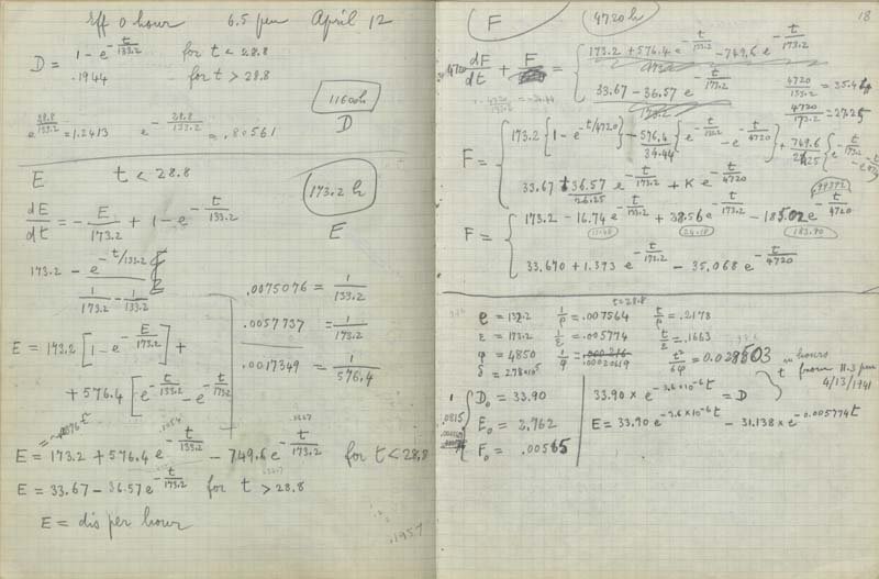 Pages from Fermi's notebook, handwritten in pencil on graph paper and including places where he scribbled over mistakes