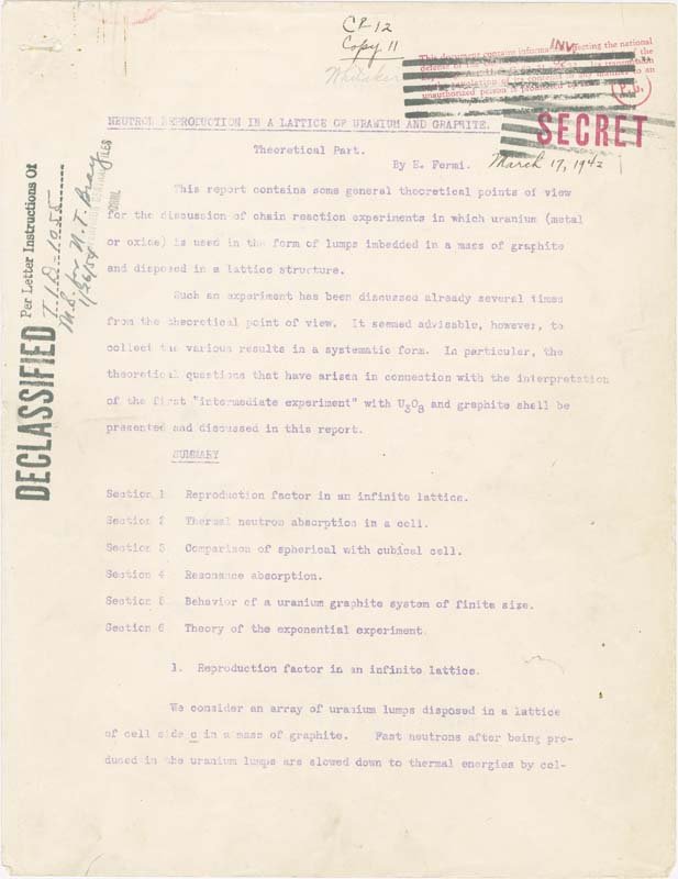 The first page of Fermi's paper. The page has a stamp in red ink in the upper right corner that reads "secret" in capital letters, which was then stamped over with a black stamp to cross it out. On the left edge of the page, it is stamped "declassified" in black ink and dated 1/26/54.