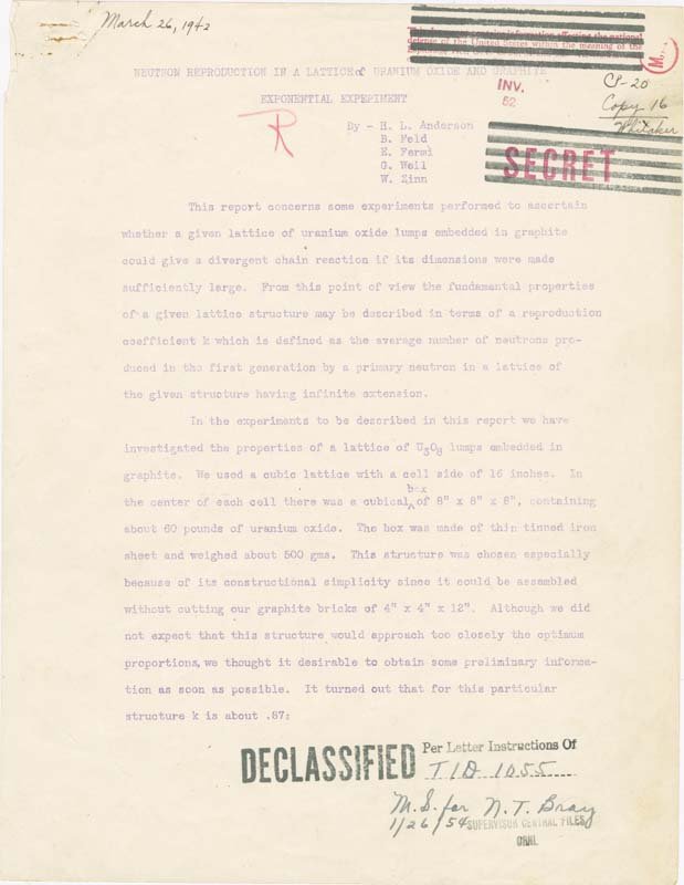 The first page of the paper. It was stamped "secret" in the upper right hand corner in red ink, which was then stamped over in black to cross it out. On the bottom of the page, it was stamped "declassified" and dated 1/26/54.