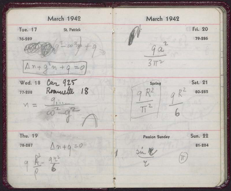 Fermi's personal diary, with equations jotted down under each daily entry.