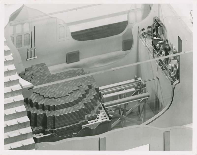 A black and white photo of a scale model of CP-1 as it would appear inside the buildling that housed it