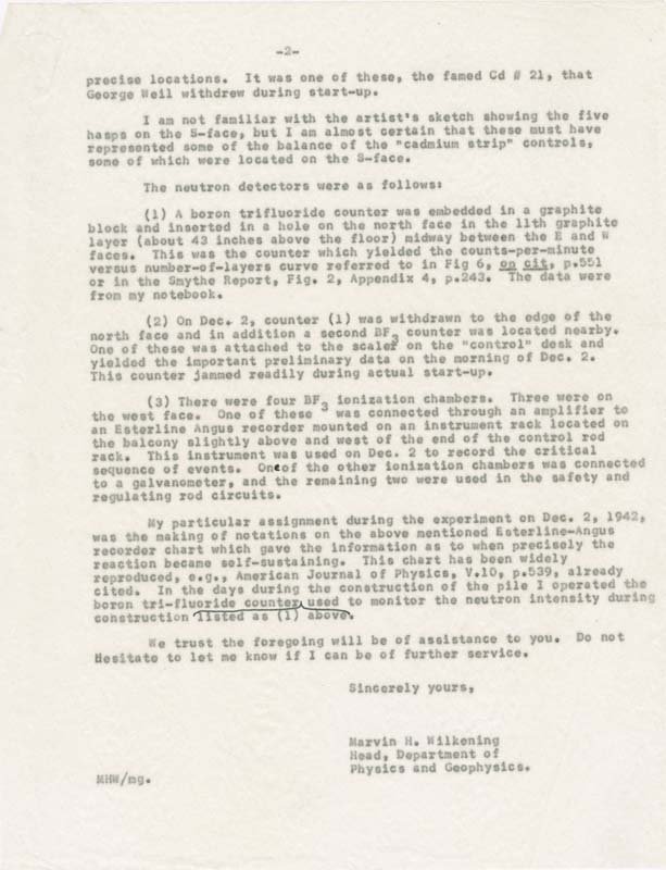 A typed letter from Marvin Wilkening to P.W. Bishop