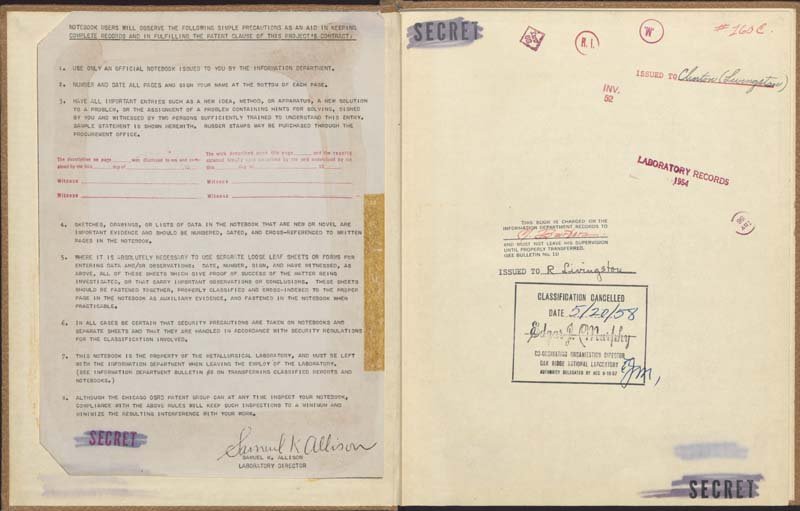 Instructions for data collection on the left page and original "Secret" stamps, and later "Classification cancelled" on the right page