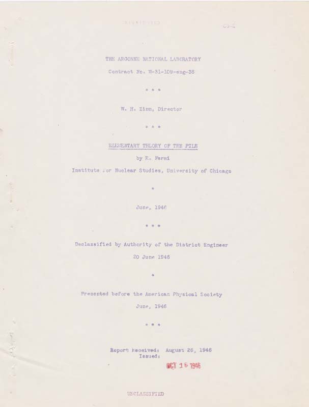 The title page of "Elementary Theory of the Pile," inclduing the date of declassification