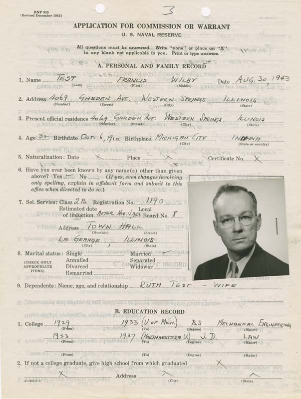 The handwritten warrant/commission for Francis W. Test to join a war industry, which includes a black and white identification photo