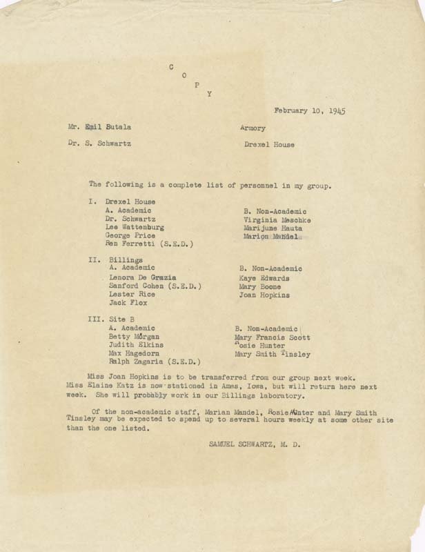 A typed list of Metallurgical Laboratory personnel, provided by Samuel Schwartz, organized by location and academic and non-academic staff members.