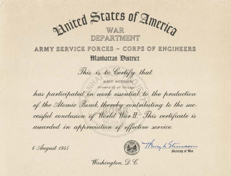 An award certificate for Albert Wattenberg, signed by the Secretary of War