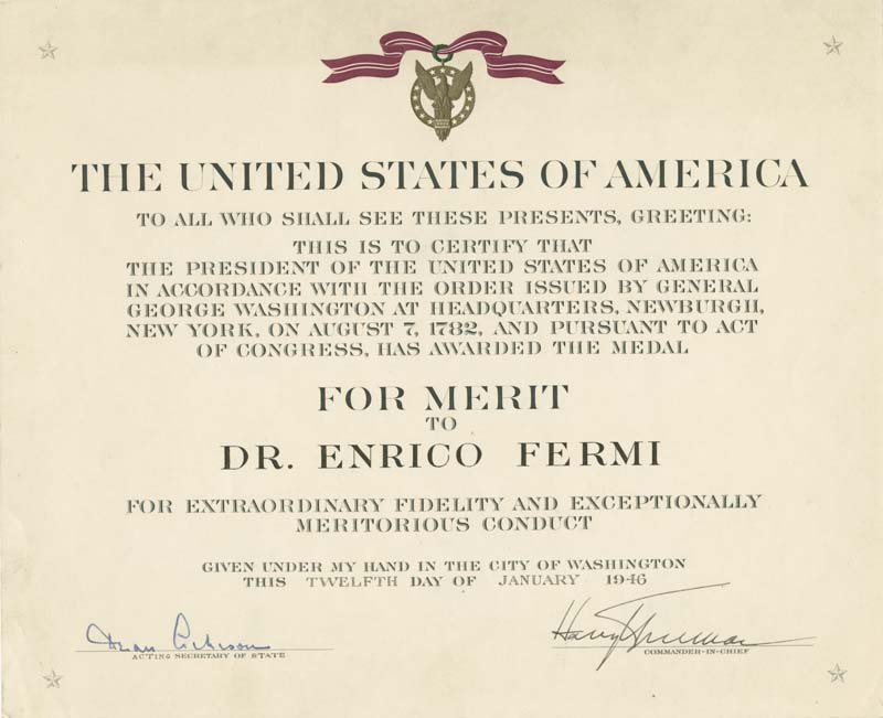 An award certificate for Enrico Fermi, signed by the Acting Secretary of State and the Commander-in-Chief