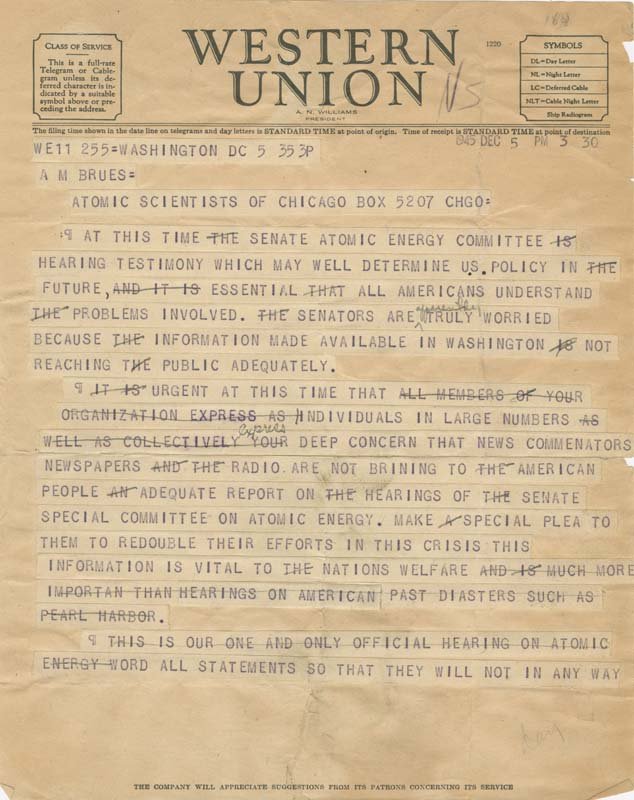 A Western Union telegram. On this first page, there are several handwritten edits in pencil.