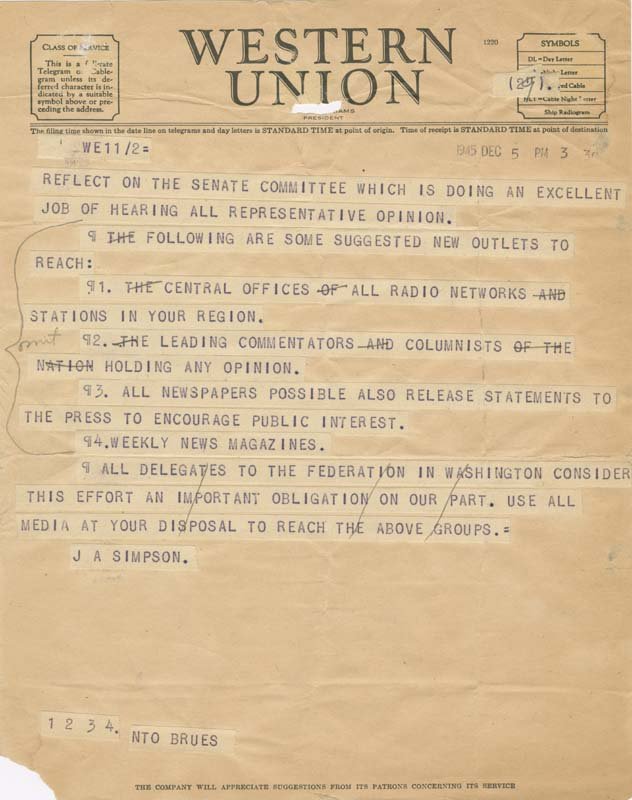 The second page of a Western Union telegram, which includes multiple handwritten edits.