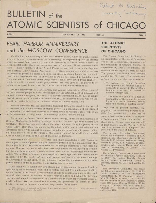 The front page of the Bulletin of the Atomic Scientsts of Chicago