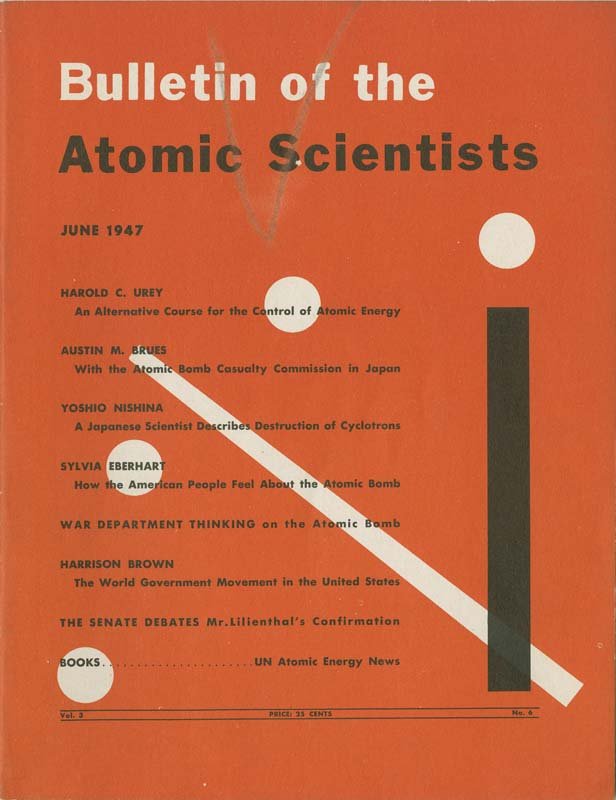 The front cover of the Bulletin of the Atomic Scientists. The cover is bright red with an image reminiscent of a clock counting down to midnight.