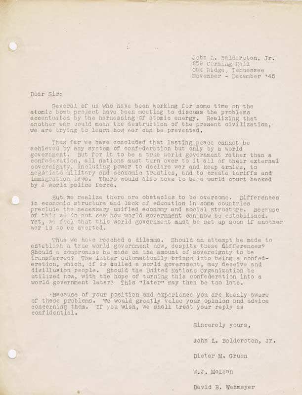 John L. Balderston, Jr., Dieter M. Gruen, W. J. McLean, and David B. Wehmeyer, letter, November-December 1945