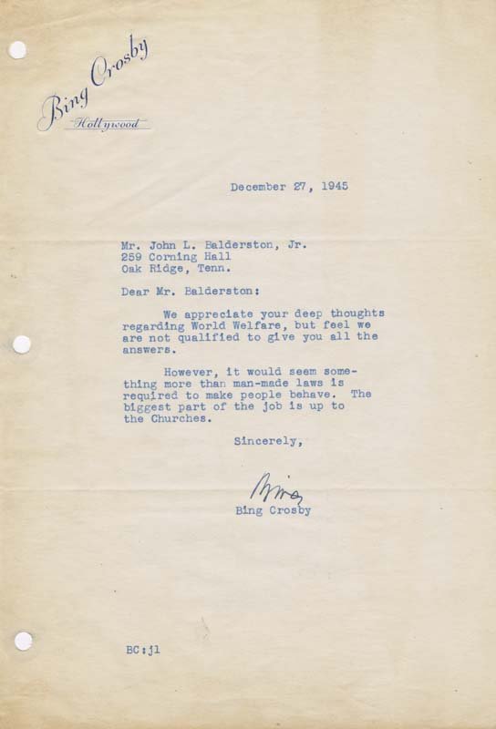 Bing Crosby to John L. Balderston, Jr., et al., letter, December 27, 1945