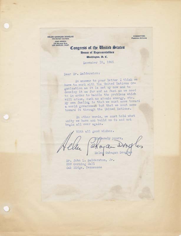 Helen Gahagan Douglas to John L. Balderston, Jr., et al., letter, December 18, 1945