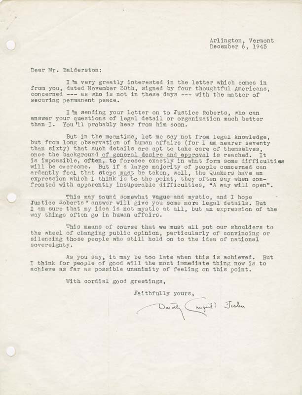 Dorothy Canfield Fisher to John L. Balderston, Jr., et al., letter, December 6, 1945