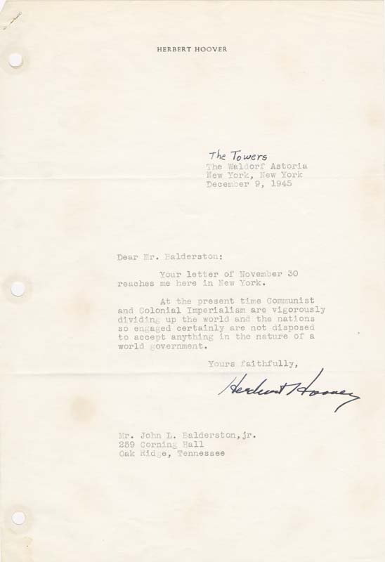 Herbert Hoover to John L. Balderston, Jr., et al., letter, December 9, 1945